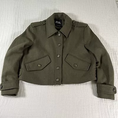 ZARA Jacket Womens Large Army Green Military Wool Blazer Coat Gorpcore Cropped • $39.88