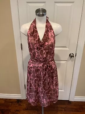 Milly Pink & Brown Ruffle 100% Silk Floral Print Halter Neck Dress Size 4 • $43.20