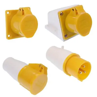 Yellow 3 Pin 16A / 32A 110V Industrial Connector Plug Socket Male Female 2P+E • £8.29