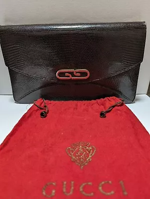 Gucci Brown Embossed Leather Gold GG Evening Envelope Accordion Clutch  Vintage • $36