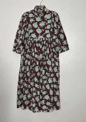 Batsheva  X Laura Ashley Brown Blue Floral Polka Dot Smock Midi Dress Size 10 • $59