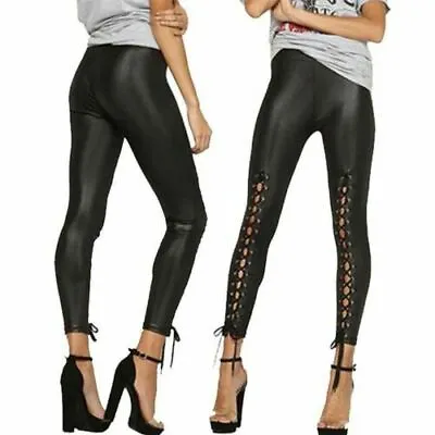 Womens Ladies High Waisted Lace Up Front PVC Leather Wet Look Leggings Pants  • £13.95