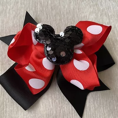 Girls Hair Bow Mickey Sequins Red Black White Alligator Clip Brand New • $5