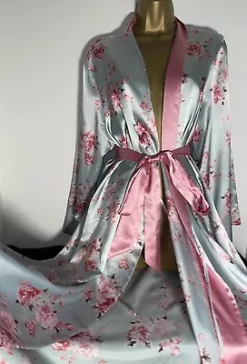 Marks And Spencer Blue Floral Satin Robe/ Dressing Gown Size 16/18 • £5