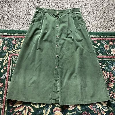 Vintage 90s Corduroy Maxi Skirt Size 14 Green Button Front Pleated Cottage Core • $18