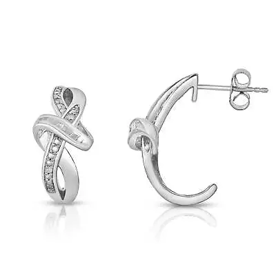 Diamond Accent Baguette Round Knot Design Hoop Earrings Rhodium Plated Silver • $89.99