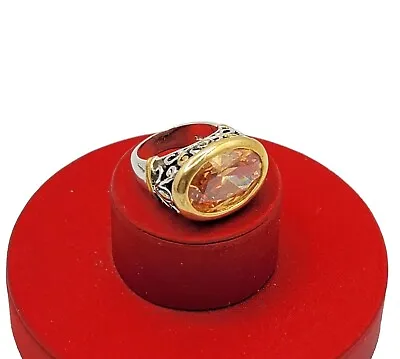 Vtg Sz 7 Ring Lg Citrine Topaz Cubic Zirconia 18KGE Scrolls Medieval Jewelry  • $49.99