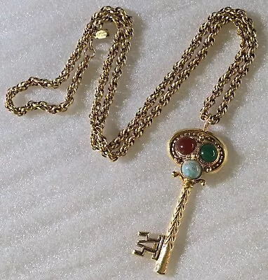 Vintage Signed KENNETH LANE KJL Chunky Chain Large Jeweled Key Pendant Necklace  • $47.99