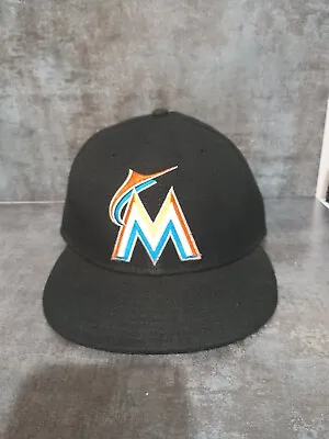 New Era Mens Miami Marlins Low Crown 59Fifty Fitted Hat Cap BLACK 7-3/8 • $18