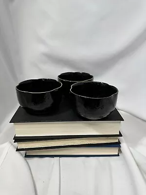 Vintage Japanese Black Pottery Matcha Soup Bowl Gold Rim - Set Of 3 • $25.10