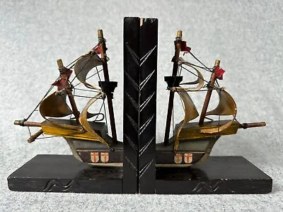 Vintage Bookends Ships Set Of 2 Sailing Pirate Wooden Model Mast Retro Black • $44.99