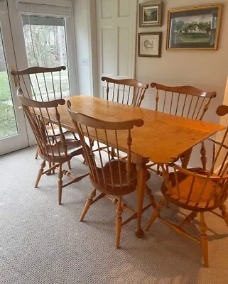 Bench Made Solid Tiger Maple Dining Table W Six Matching Fan Back Windsor Chairs • $5875