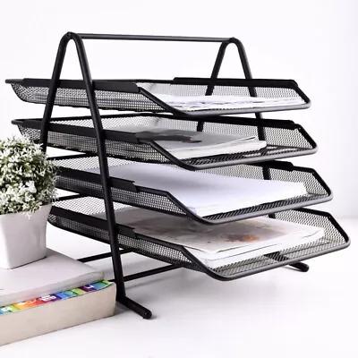 Filing Trays Holder A4 Document Letter Metal Wire Mesh Storage 4 Tiers Black • £9.95