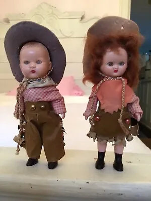Vintage Plastic Dolls Cowgirl Cowboy Set Sleepy Eyes Fringe Chaps Redhead Set 2 • $39.99