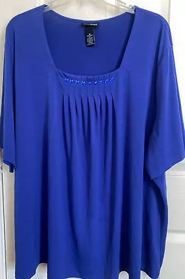 Maggie Barnes 5X Royal Blue Top Pleated Jeweled Accents Square Neck Short Sleeve • $22
