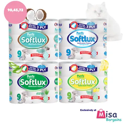 45 Softlux 3Ply Toilet Rolls 3 Ply Tissue Quilted AlOE VERA/LAVENDER/COCONUT/ORI • £14.99