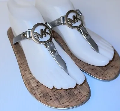 MICHAEL KORS Flip Flops Womens Sz 7 Silver Jelly Thong Sandals Cork MK Gold Logo • $22.99