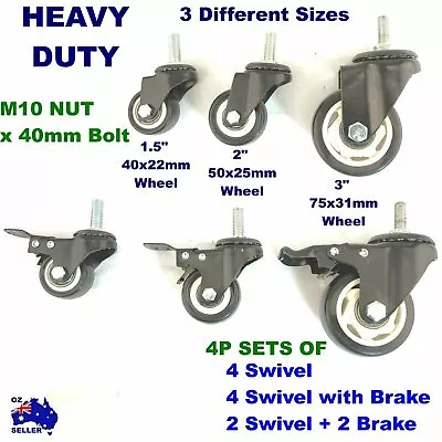 4P Set 1.5  2  3  PU Castor Wheel Heavy Duty Trolley Caster M10-12 Nut 25-30Bolt • $20.80