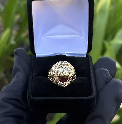 10K Solid Yellow Gold Men's Lion Ring With Garnet & .32 CT Diamond Eyes • $789