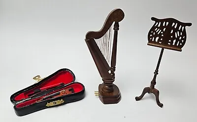 Vintage Miniature Dollhouse Musical Instruments - Harp Violin Music Stand • $29.96