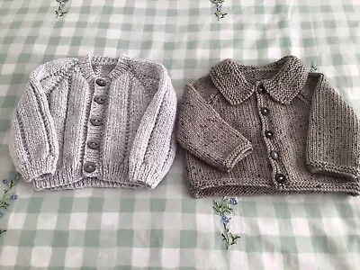 Two Hand Knitted Baby Cardigans  0-3 Months Greys With Flecks • £6.99