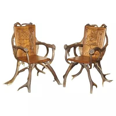 Pair Of Antique German Black Forest Carved Antler Armchairs Part Of A Suite • $3637.79