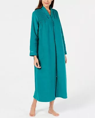 Miss Elaine Essentials Smocked Long Zip Gown Robe Soft Terry Pockets Large Green • $39.89