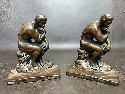 Antique Rodin The Thinker Bookends Art Deco Thinking Man Copper Bronze 4LB 5 3/8 • $12