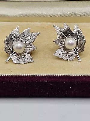 Mikimoto Estate Vintage Akoya Pearl Maple Leaf Sterling Silver  Earrings... • $250