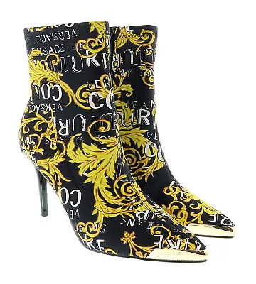 Versace Jeans Couture Black Gold Baroque Print Cap Toe High Heel Boots- • $249.99