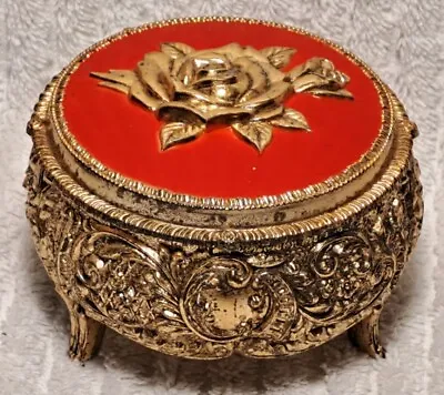 Rose Lidded Trinket Box Red Enamel Inlay Lid Gold Color Jewelry Vintage Japan • $20
