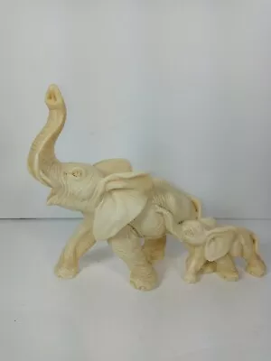 A Santini Sculpture Alabaster Resin Elephant Mama & Baby Trunk Up Figurine Italy • $15.99