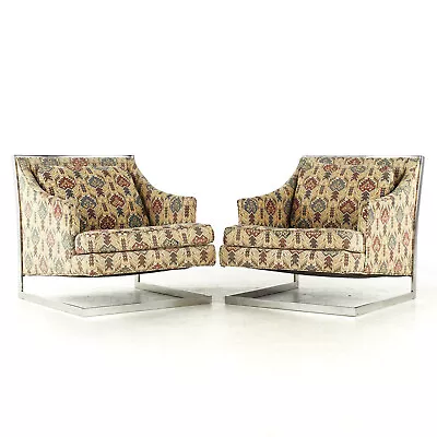 Milo Baughman Style Mid Century Chrome Cantilever Lounge Chairs - Pair • $3847