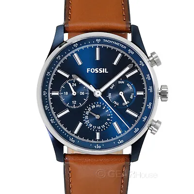 FOSSIL Sullivan Mens Multifunction Watch Blue Dial Day Date Brown Leather Band • $74.90