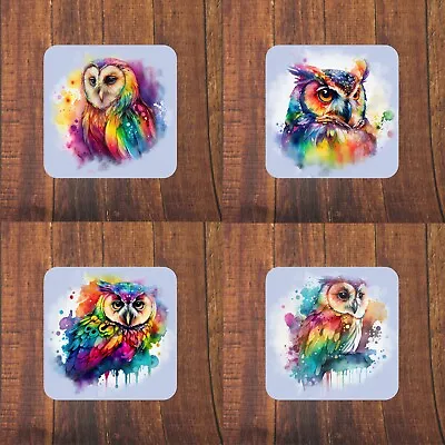 £8.90 • Buy Rainbow Owl Set 4 Coasters -Great Summer Gift Owl Assorted -Pale Blue Background