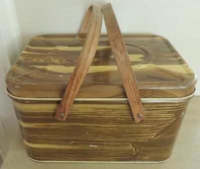 Vtg METAL PICNIC BASKET Fake Woodgrain Litho Midcentury National Can Corp. NY • $58.95