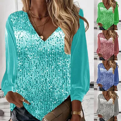 Women Sequins Tops Long Sleeve V Neck Loose Ladies Blouse Shirts Glitter Blouses • £13.55