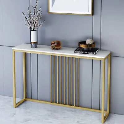 47  Gold Long Console Table Marble Marble Tabletop Hallway Entryway Skinny Table • £95.93