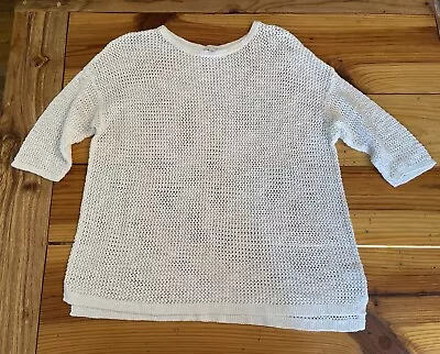 J Jill Sweater Womens Sz Large White Linen Blend Open Knit Pullover 3/4 Sleeve • $25