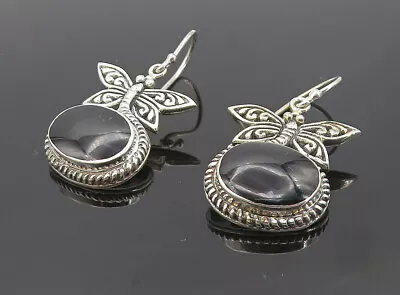 925 Sterling Silver - Vintage Black Onyx Dragonfly Shiny Drop Earrings - EG3573 • $38.97