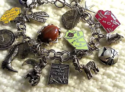 Vintage Triple Link Sterling Silver Charm Bracelet & 17 Charms 8  LoadedTravel • $84.99