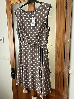 Wallis Size 16 New With Tags Lined Mink And White Spot Sleeveless Dress Tie Belt • £14.99