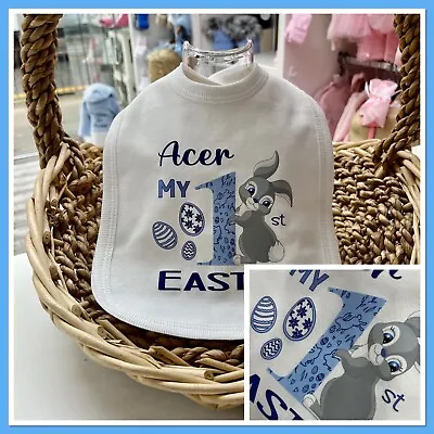 Personalised 1st Easter Bib Baby Boys First Easter Blue Bunnie Rabbit 2024 • £5.99