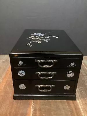 Black Lacquered Mother Of Pearl Inlay 3 Drawer Flower Dragonfly Jewelry Box • $48