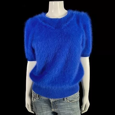 80% Angora Fuzzy Vintage Royal Blue Short Sleeve Pullover Sweater 38 In Bust • $77.99