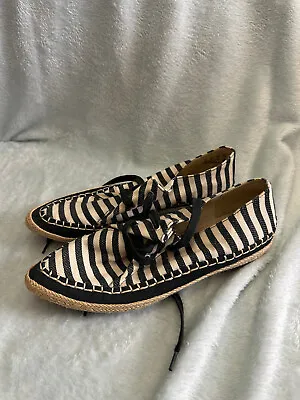 Clarks Striped Espadrilles Lace Up Shoes UK 5D Black White Nautical • £18.95