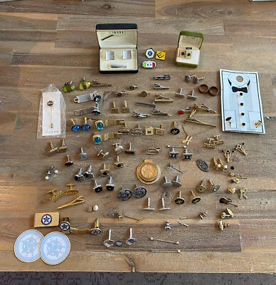 Vtg Antique Lot Mens Cufflinks Tie Clips Bars Train Masonic Spark Plug Pin !! • $89