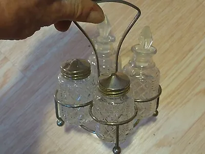 Set Of Vintage Cut Glass Oil & Vinegar Cruets Salt & Pepper Shakers Caddy • $12