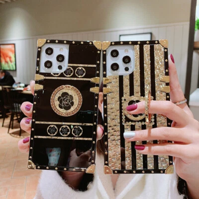 $14.71 • Buy For IPhone 14 13 12 11 Pro Max X XR Glitter Bling Gold Flower Square Case W/Ring