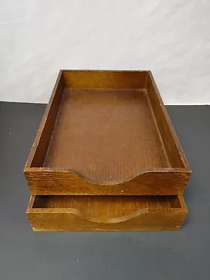 Lot 2 Vintage CARVER Desk Organizer Dovetailed Wood In Out Box Letter Tray Set • $25